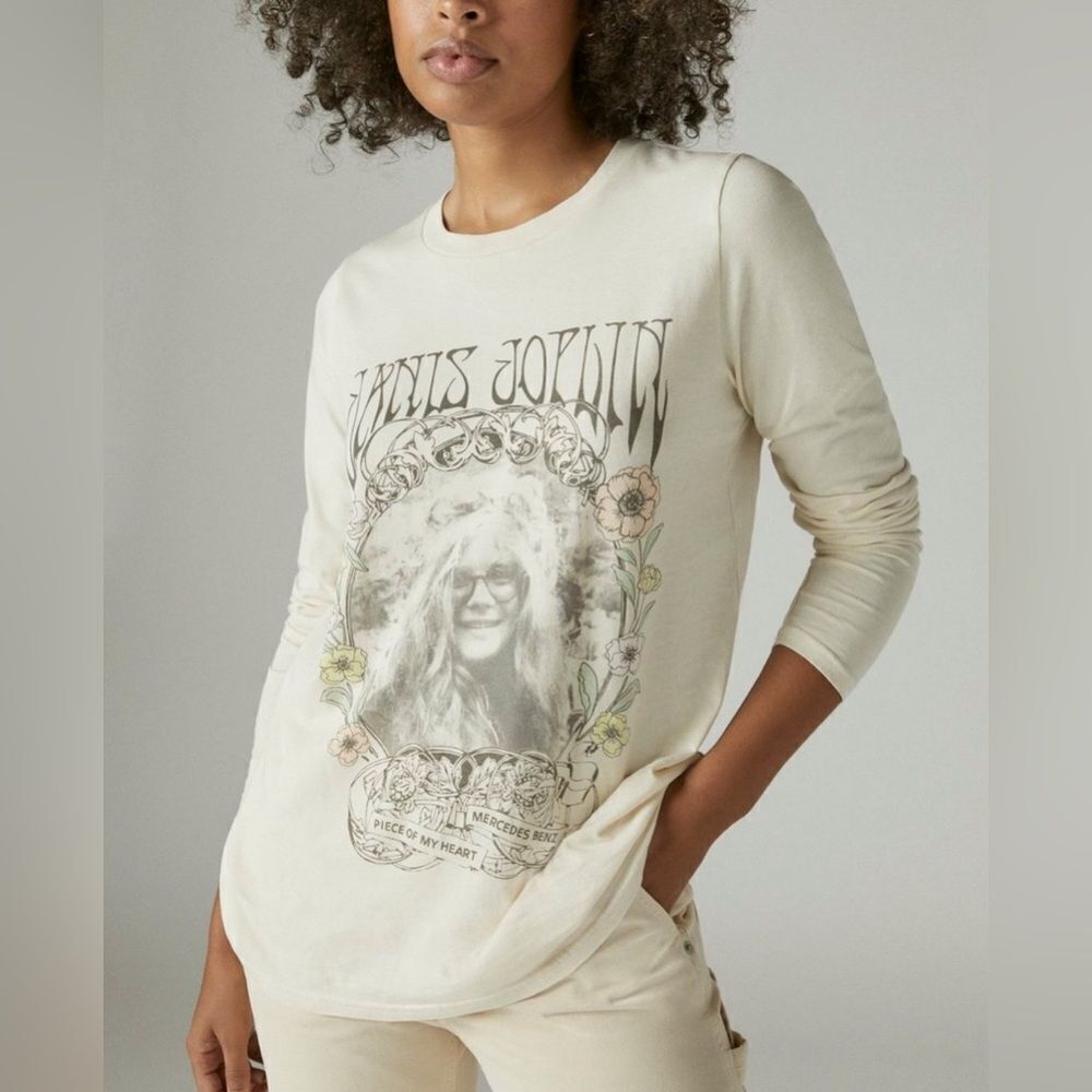 LUCKY BRAND Retro Janis Joplin Long Sleeve Graphic Band Tee Beige Tan M
